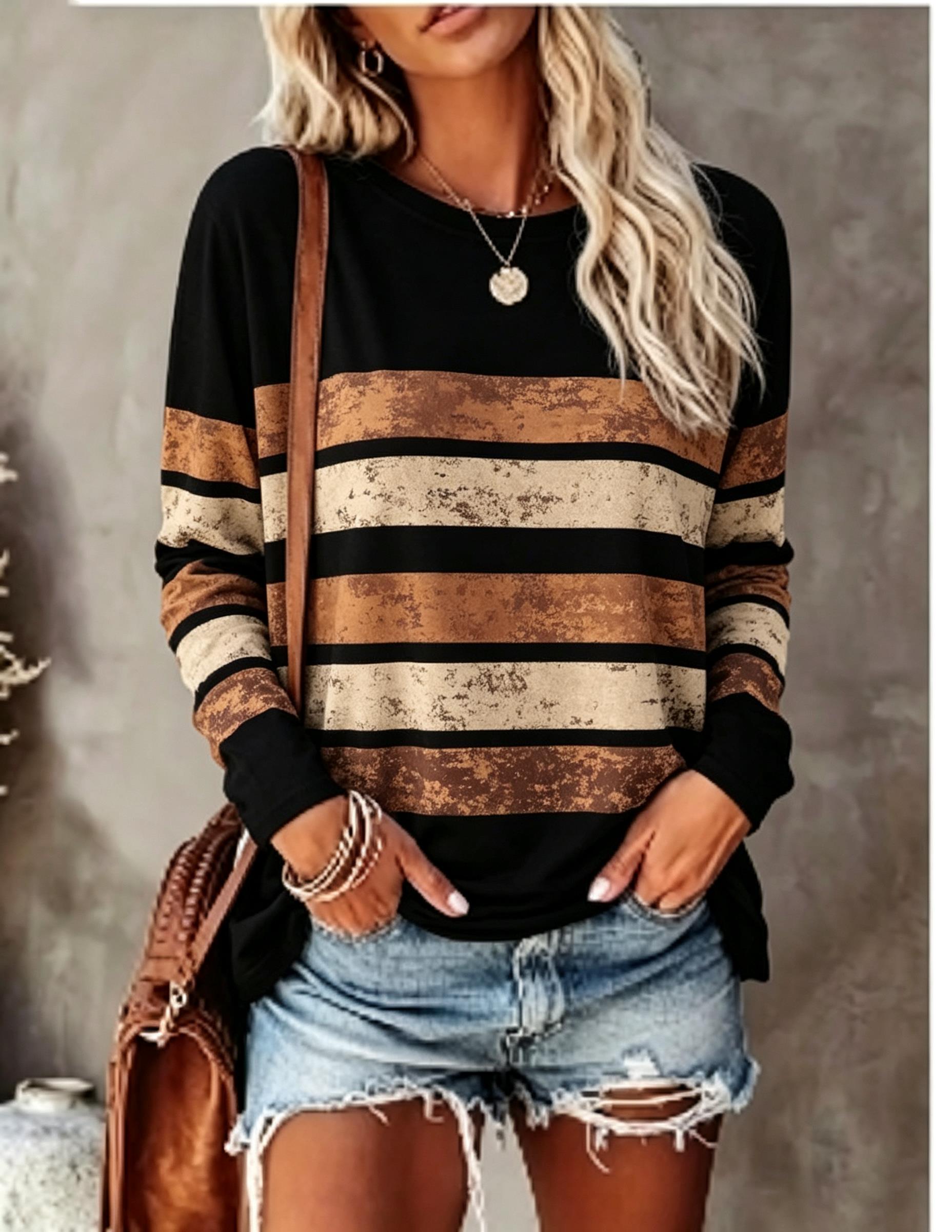 Embellish Knit - Damen-Langarm-T-Shirt, Vintage-Look, Used-Look, Farbblock- und Streifenmuster,